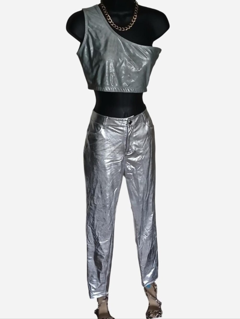 Silver Metallic One-Shoulder Crop Top & Pants Set Small